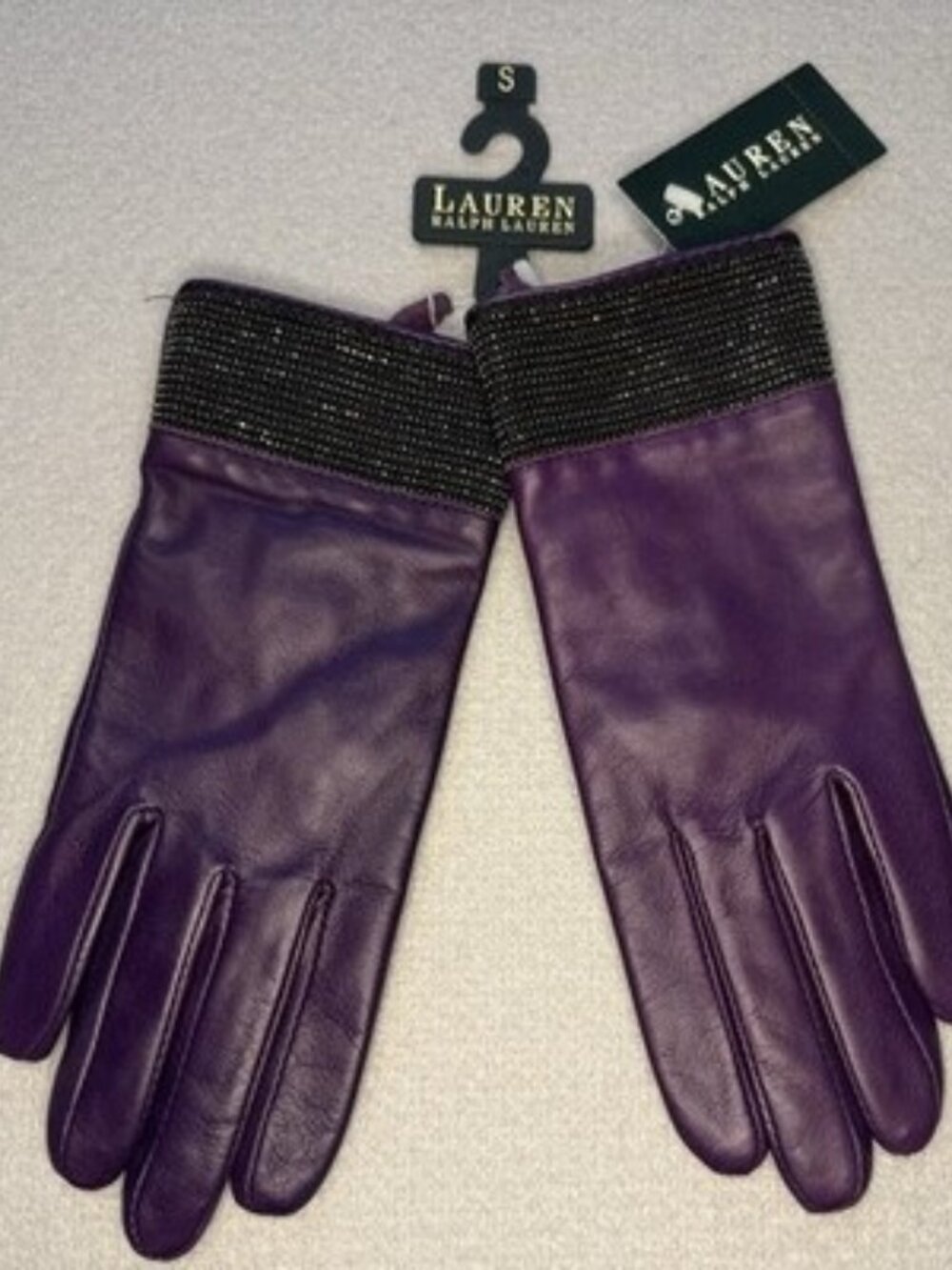 Lauren Ralph Lauren Womens NWT Purple 100% Leather, Beaded Trim Gloves Small